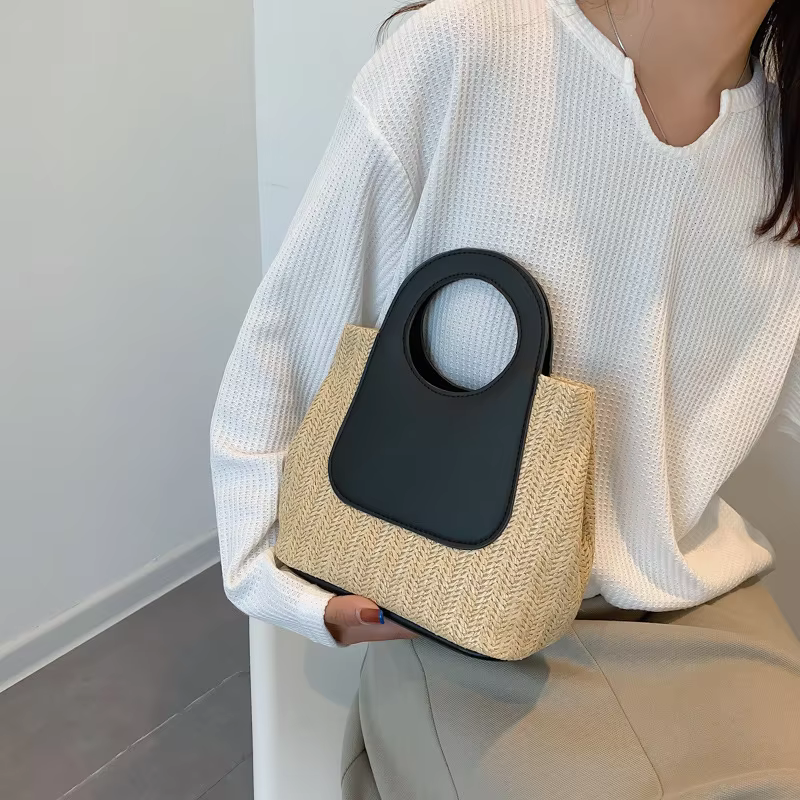 Contrast Panel Straw Handbag — صورة 1